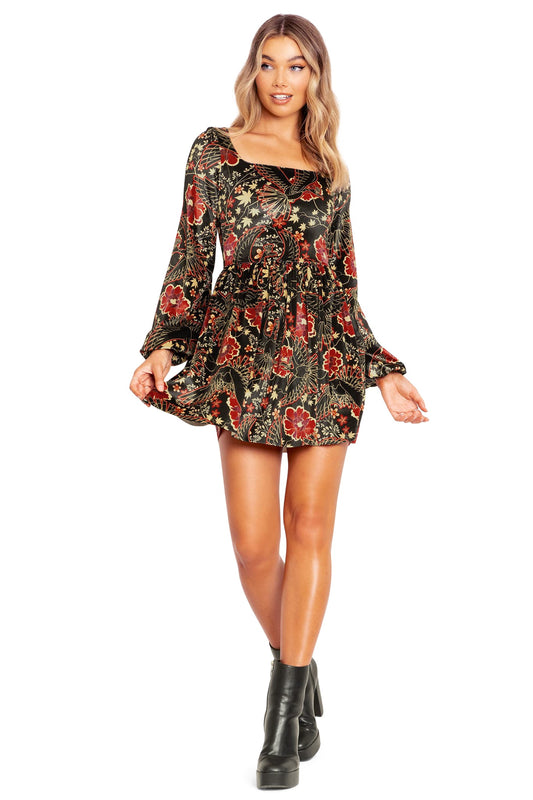 Ho-Oh Wallpaper Velvet Squared Up Bishop Skater Dress